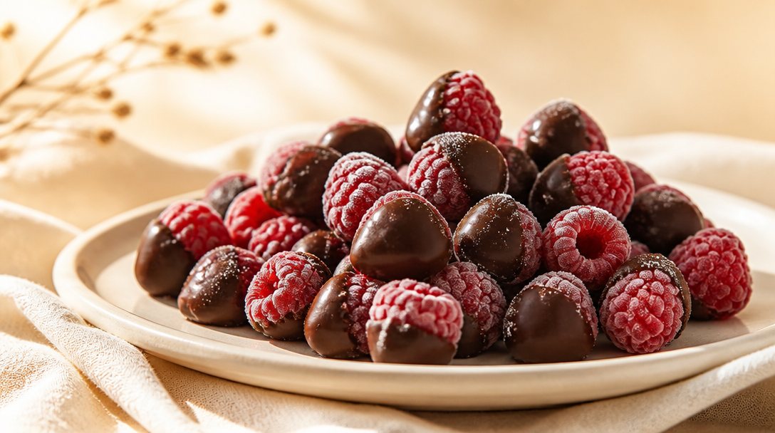 Frozen raspberries in Belgian chocolate in a cup
