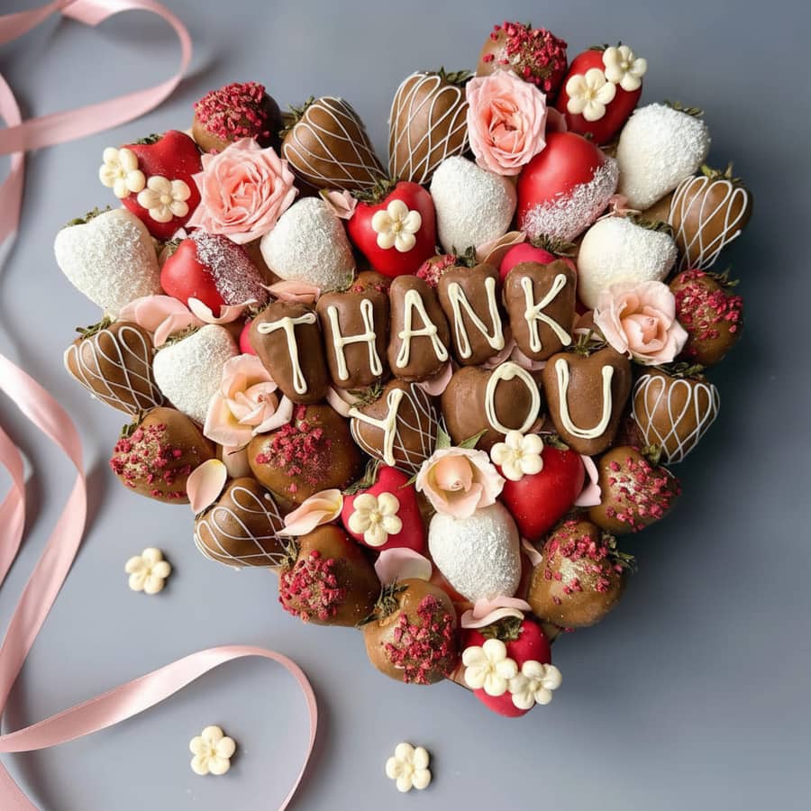 Chocolate covered strawberries with Thank You lettering in an elegant gift box