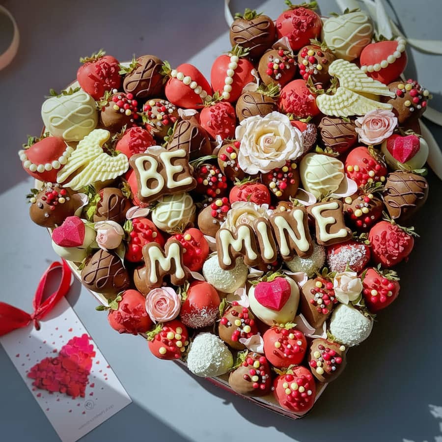 Romantic chocolate covered strawberries with love lettering in a gift box for Valentine’s Day