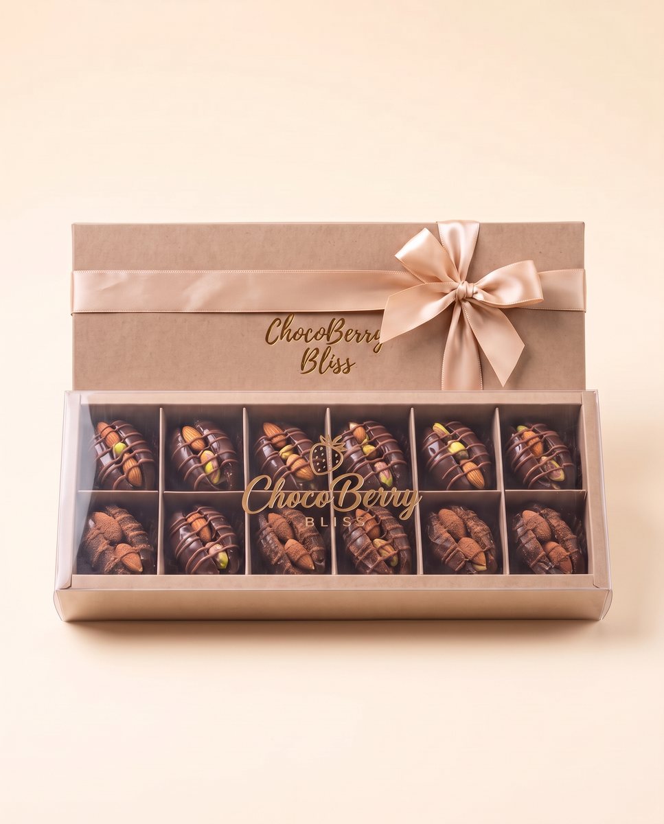 Box of twelve chocolate-dipped Medjool dates with almond and pistachio