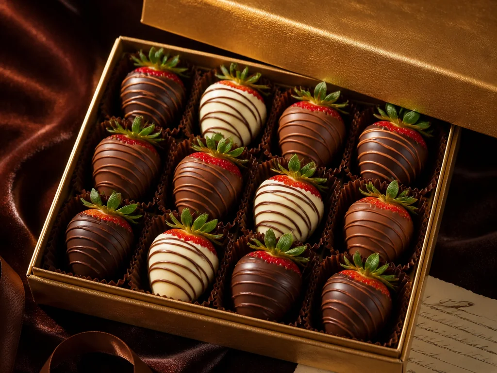 Fresh chocolate-covered strawberries in a gold gift box
