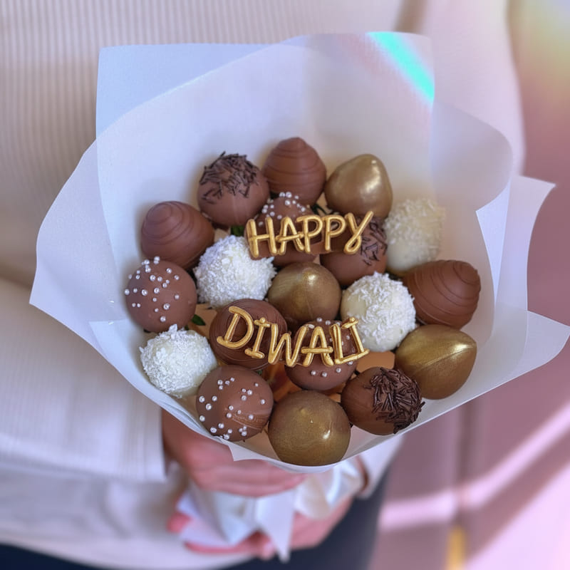 Festive Diwali chocolate strawberry gift box with gold decorations