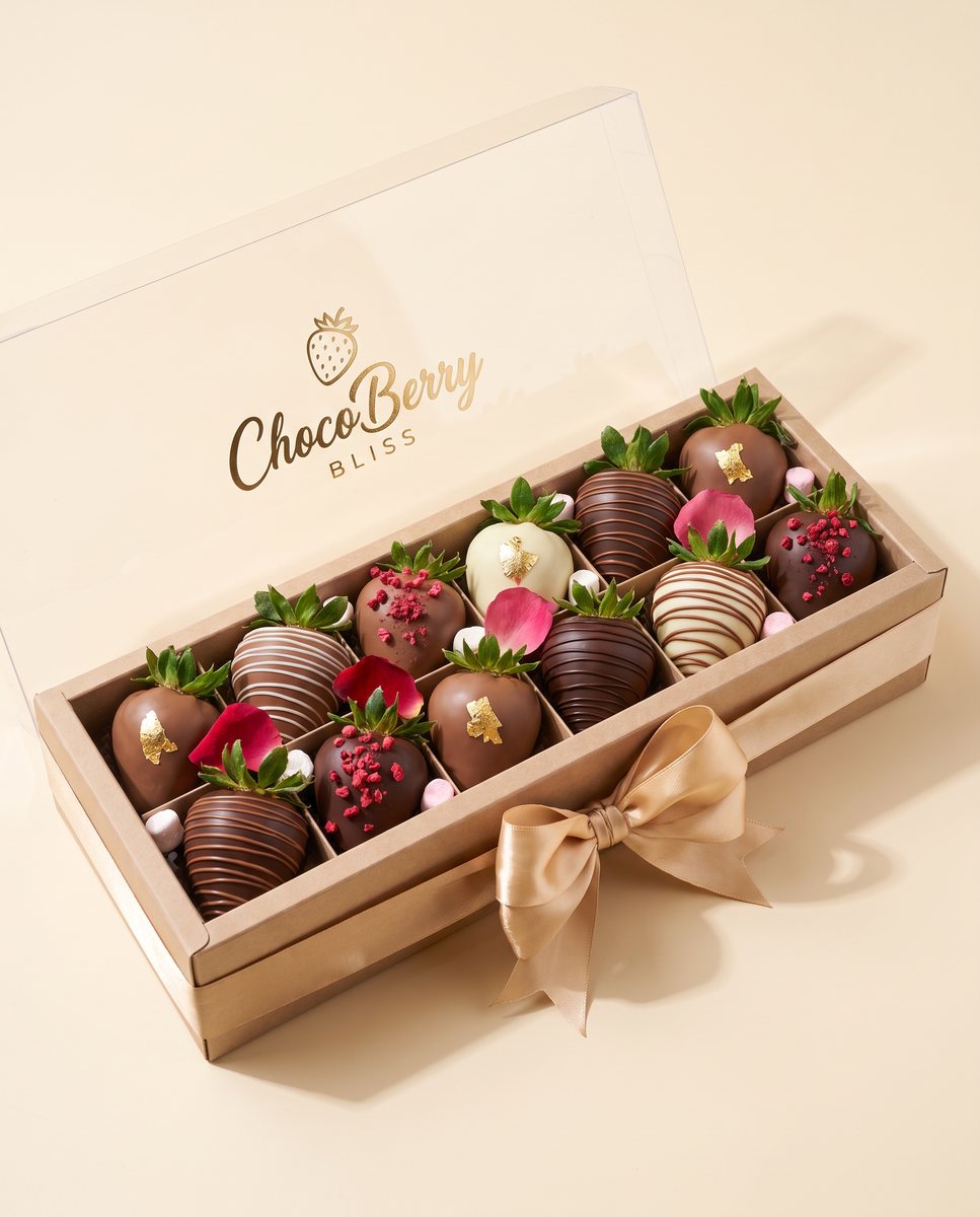 Open box of chocolate-covered strawberries with a ribbon