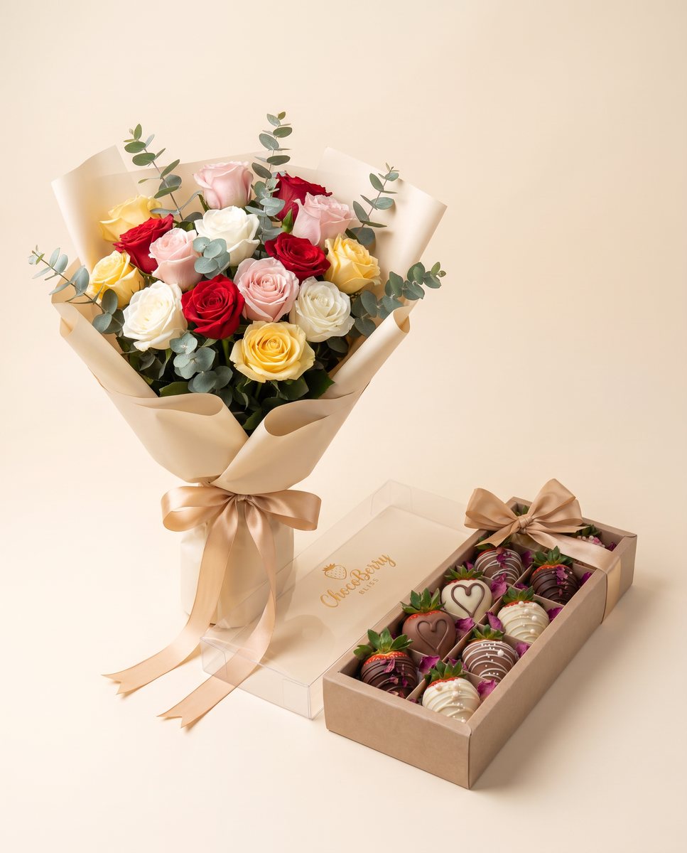 A bouquet of roses in kraft paper beside a ChocoBerry strawberry box
