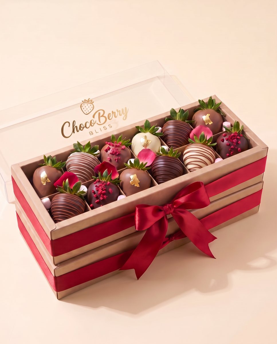 Two stacked boxes tied with a red satin ribbon, twenty-four berries