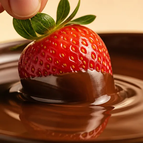Fingers holding a strawberry by the stem and lowering it into melted dark chocolate