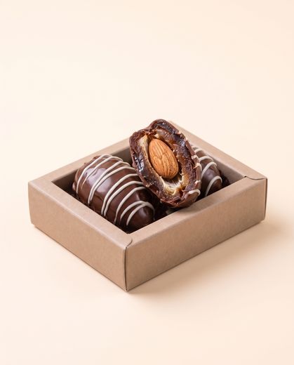 Three chocolate-dipped Medjool dates, one cut open showing the almond