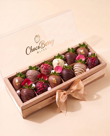 One open box of twelve chocolate-covered strawberries, cream background