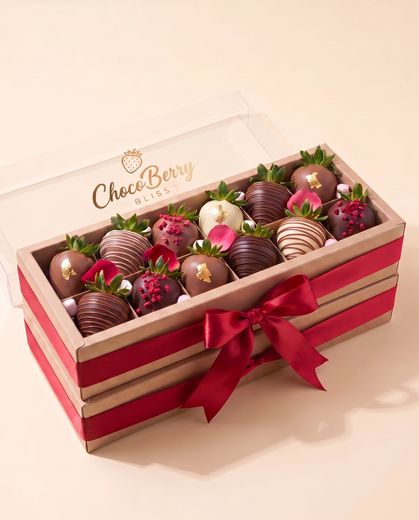 Two stacked boxes tied with a red satin ribbon, twenty-four berries